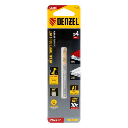 Сверло спиральное по металлу DENZEL 4 x 75 мм, Р6М5, Golden Tip
