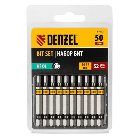 Бита DENZEL HEX 4х50, сталь S2, шестигранный профиль, 10 шт. Е 6,3