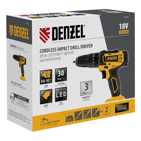 Дрель-шуруповерт аккумуляторная ударная DENZEL CID-18-0, Li-Ion, 18 В