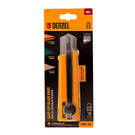 Нож DENZEL 25 мм, сменное лезвие, SK4, корпус из TPR, метал. направляющая, винтовой фиксатор