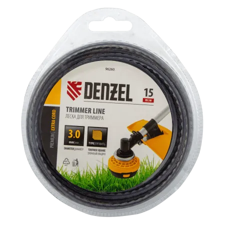 Леска для триммера DENZEL 96260 двухкомпонентная зубчатый квадрат, 3,0мм х 15м, блистер EXTRA CORD