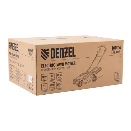Газонокосилка электрическая DENZEL GM-1600, 1600 Вт, ширина 36 см, 3 уровня, 35 л