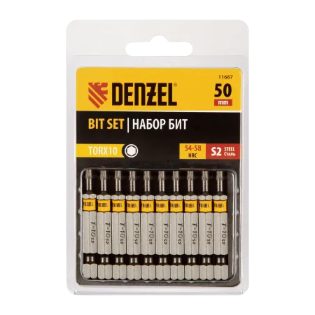 Бита DENZEL TX 10х50, сталь S2, шестигранный профиль, 10 шт. Е 6,3