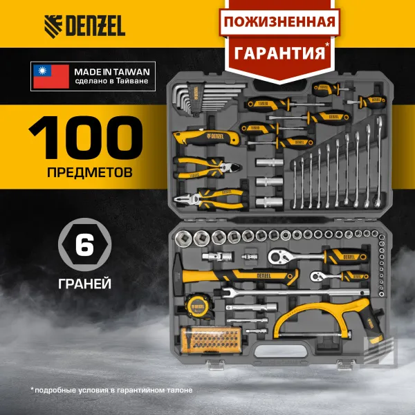 Набор инструментов DENZEL 1/2", 1/4", CrV, S2, пластиковый кейс, 100 предметов