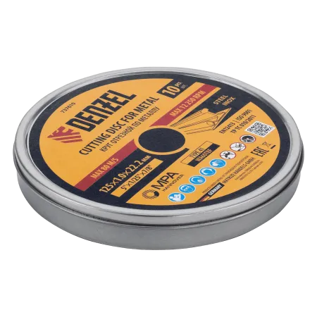 Круг отрезной по металлу DENZEL 125 х 1,0 х 22,2 мм, WA60TBF, в метал.банке, 10 шт.