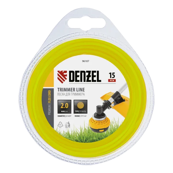 Леска для триммера DENZEL Flex Сord 96107, 2 мм x 15 м, круглая, блистер