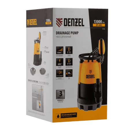 Дренажный насос DENZEL DP600S для чистой и грязной воды, 600 Вт, напор 7 м, 13000 л/ч