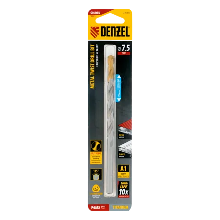 Сверло спиральное по металлу DENZEL 7,5 х 156 мм, Р6М5, Golden Tip, удлиненное