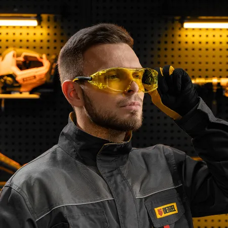 Очки защитные DENZEL открытые, поликарбонатные, увеличенная желтая линза, регулируемые дужки