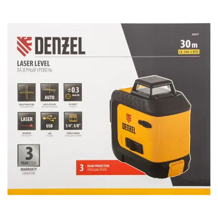 Лазерный уровень DENZEL LX 360-3 Red, 30 м, 635 нм, Li 2800 мАч, 5/8 дюйм
