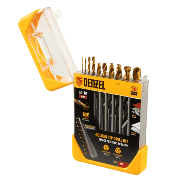 Набор сверл по металлу DENZEL 1-10 мм, HSS-Tin, Golden Tip, 10 шт