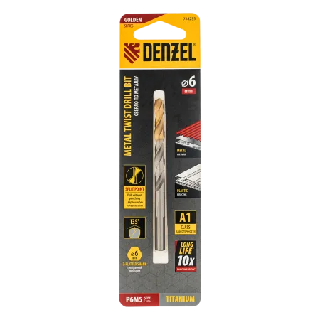 Сверло спиральное по металлу DENZEL 6 x 93 мм, Р6М5, Golden Tip
