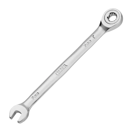 Ключ комбинированный трещоточный DENZEL, 7 мм, CrV, матовый хром