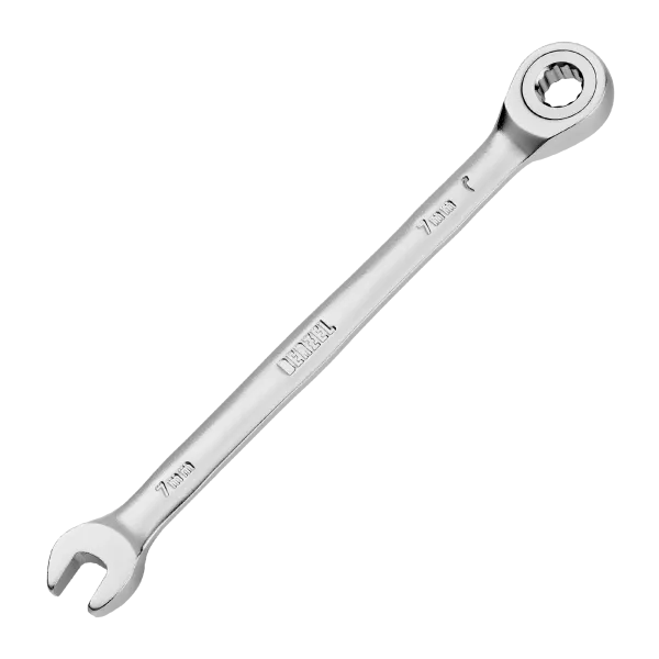 Ключ комбинированный трещоточный DENZEL, 7 мм, CrV, матовый хром