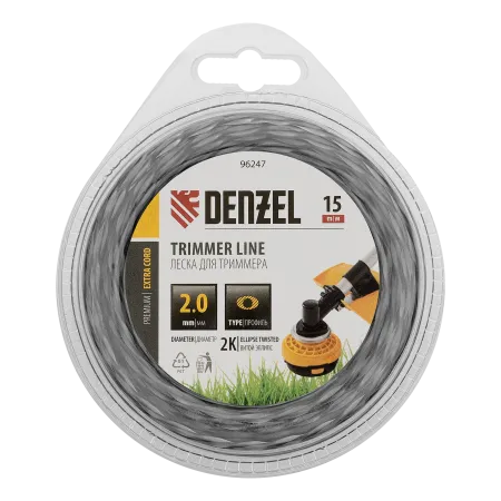 Леска для триммера DENZEL 96247 двухкомпонентная эллипс, 2,0мм х 15м, блистер EXTRA CORD