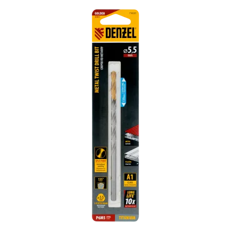 Сверло спиральное по металлу DENZEL 5,5 х 139 мм, Р6М5, Golden Tip, удлиненное