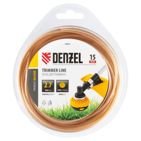 Леска для триммера DENZEL армированная алюминием круглая, 2,7мм х 15м, блистер ALUFLEX