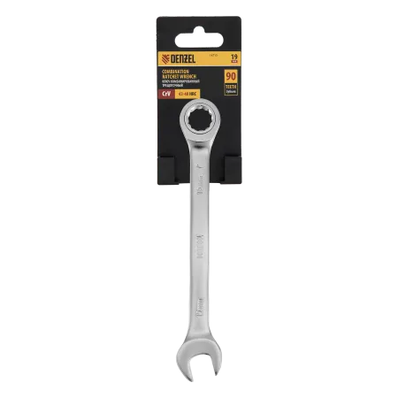 Ключ комбинированный трещоточный DENZEL, 19 мм, CrV, матовый хром