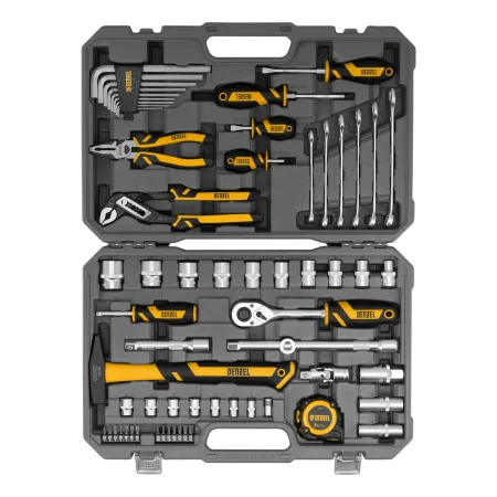 Набор инструментов DENZEL 1/2", 1/4", CrV, S2, пластиковый кейс, 64 предмета