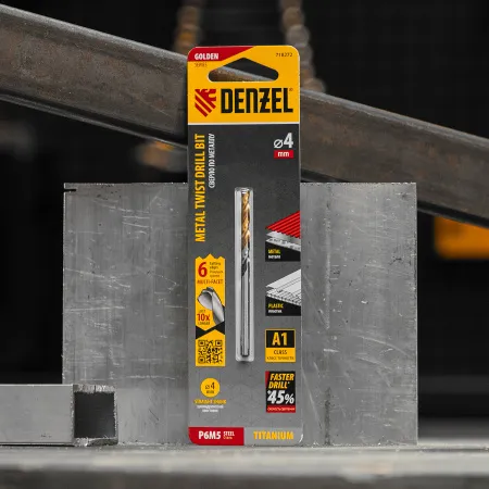 Сверло спиральное по металлу DENZEL 4 x 75 мм, Р6М5, Golden Tip, многогранная заточка