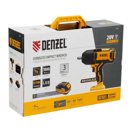 Гайковерт ударный аккумуляторный бесщет. DENZEL CIWH-BL-20-1000, Li-Ion, 20 В