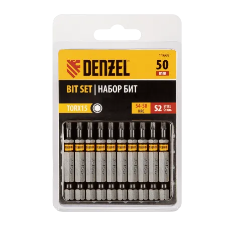 Бита DENZEL TX 15х50, сталь S2, шестигранный профиль, 10 шт. Е 6,3