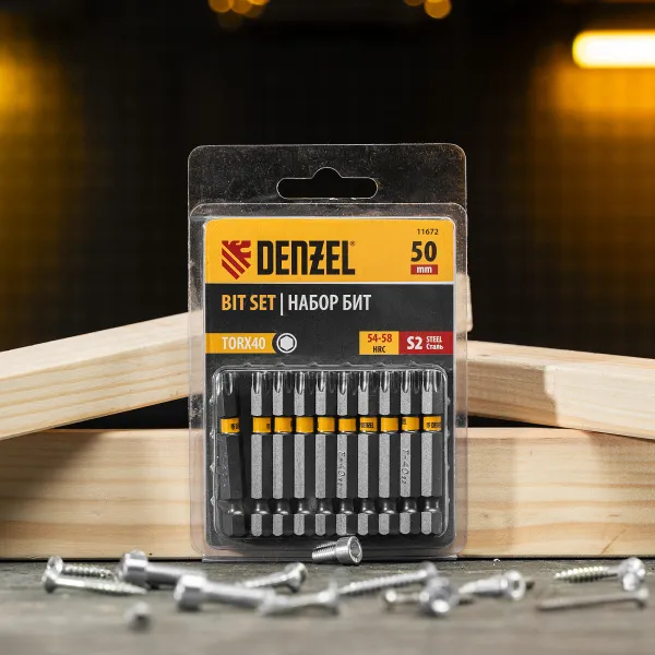 Бита DENZEL TX 40х50, сталь S2, шестигранный профиль, 10 шт. Е 6,3