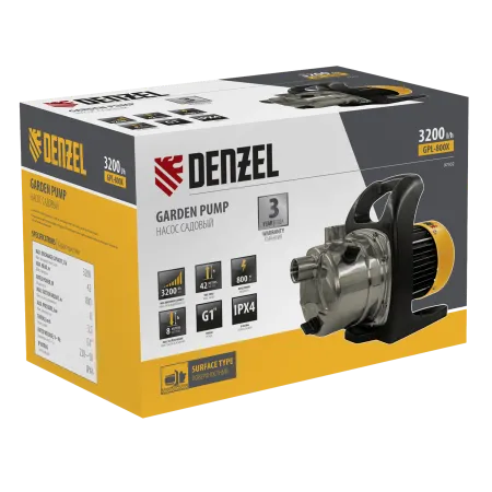 Садовый поверхностный насос DENZEL GPL800Х, 800 Вт, 3200 л/ч, подъем 42 м, нержавейка