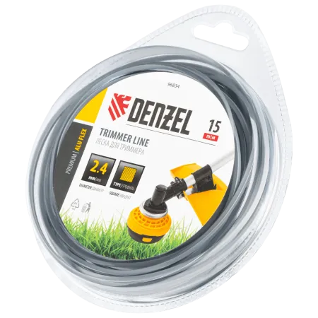 Леска для триммера DENZEL армированная алюминием квадратная, 2,4мм х 15м, блистер ALUFLEX