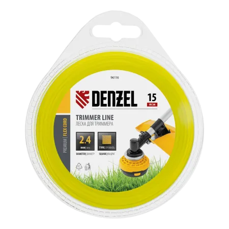 Леска для триммера DENZEL Flex Сord 96116, 2.4 мм x 15 м, квадратная, блистер