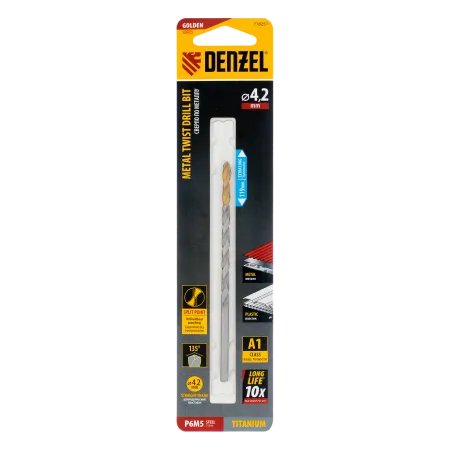 Сверло спиральное по металлу DENZEL 4,2 х 119 мм, Р6М5, Golden Tip, удлиненное