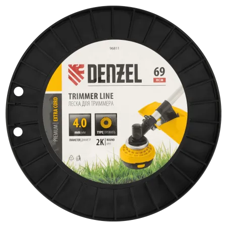Леска для триммера DENZEL двухкомпонентная круглая, 4,0мм х 69м, на DIN катушке EXTRA CORD