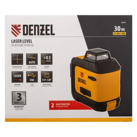 Лазерный уровень DENZEL LX 360-2 Red, 30 м, 635 нм, Li 2800 мАч, 5/8 дюйм