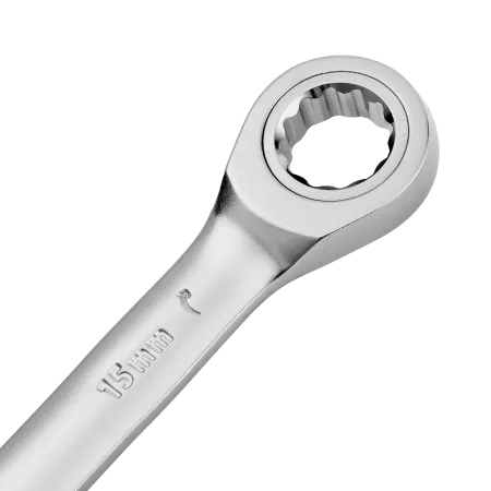 Ключ комбинированный трещоточный DENZEL, 15 мм, CrV, матовый хром