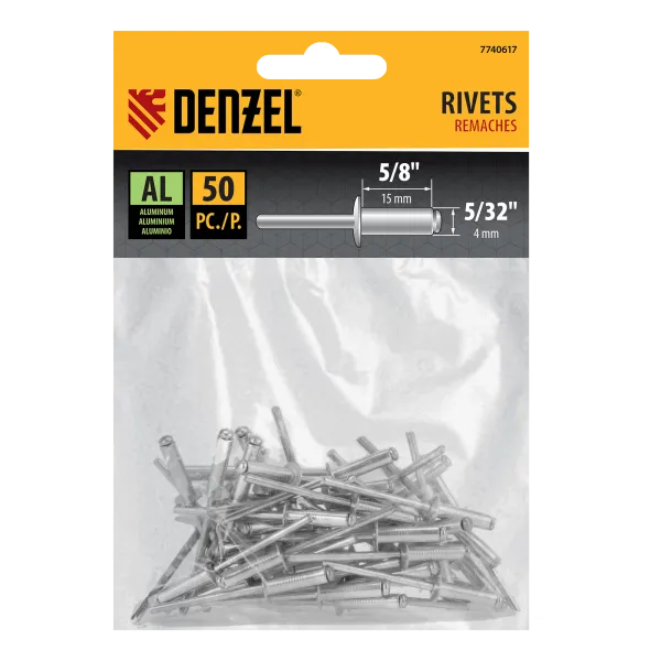 Заклепки алюминиевые DENZEL 5/32"-5/8", 4 х 15 мм, 50 шт