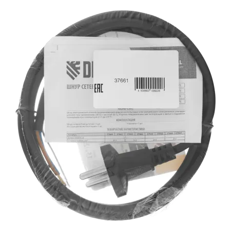 Шнур сетевой Energy Series DENZEL, ПВС, 1,5 м, 2 x 1 мм, с неразборной вилкой, черный