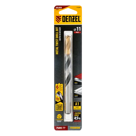 Сверло спиральное по металлу DENZEL 11 x 142 мм, Р6М5, Golden Tip, многогранная заточка