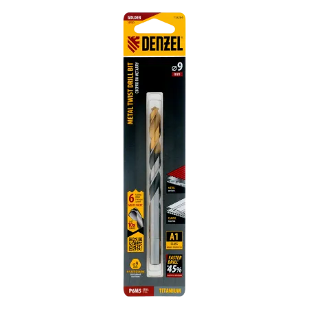 Сверло спиральное по металлу DENZEL 9 x 125 мм, Р6М5, Golden Tip, многогранная заточка