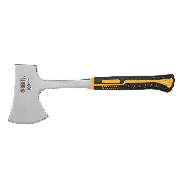 Топор цельнометаллический DENZEL, 800 г, двухкомпонентная обрезиненная рукоятка, прямой хват
