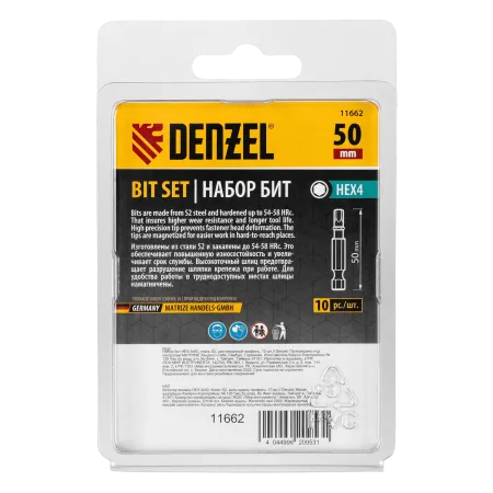 Бита DENZEL HEX 4х50, сталь S2, шестигранный профиль, 10 шт. Е 6,3