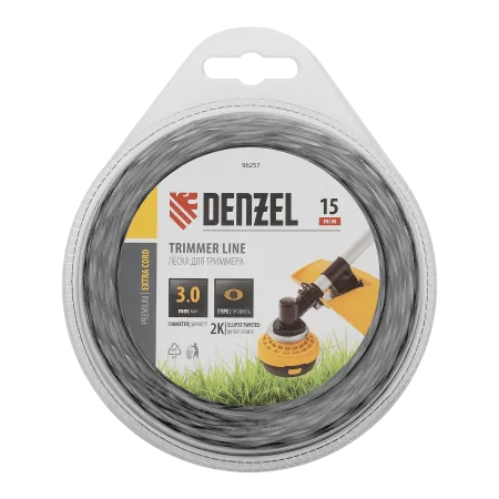 Леска для триммера DENZEL 96257 двухкомпонентная эллипс, 3,0мм х 15м, блистер EXTRA CORD