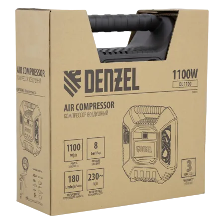 Компрессор воздушный DENZEL DL1100, 1.1 кВт, 180 л/мин, с набором аксессуаров