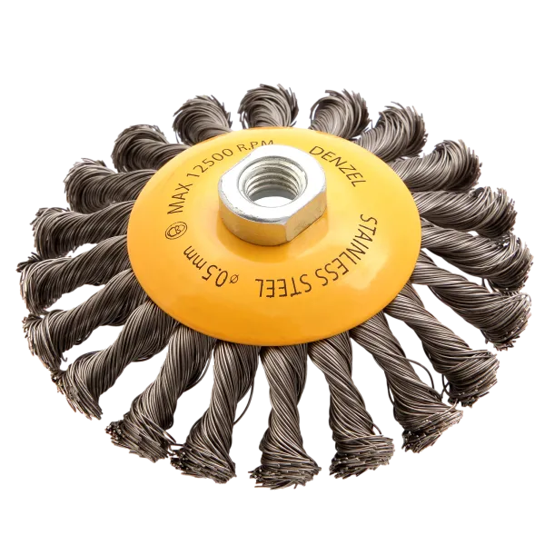 Щетка для УШМ DENZEL 746113, 125 мм, «тарелка», крученая нержавеющая проволока 0.5 мм, М14