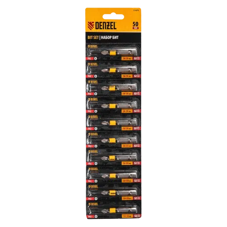 Бита DENZEL PH2х50, сталь S2, 10 шт., круглый профиль, отрывная упаковка, Е 6,3