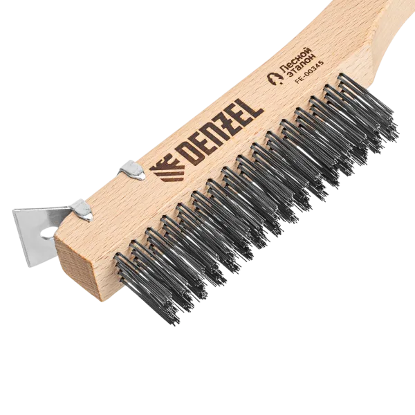 Щетка зачистная 4-х рядная DENZEL, проволока из нержавеющей стали с деревянной ручкой скребок, EFP
