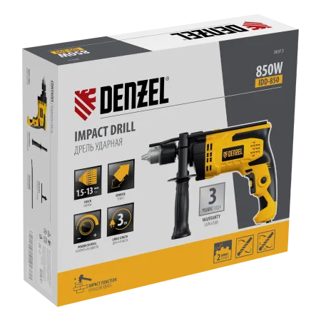 Дрель ударная DENZEL IDD-850, 850 Вт, 0-2800 об/мин, 44800 уд/мин