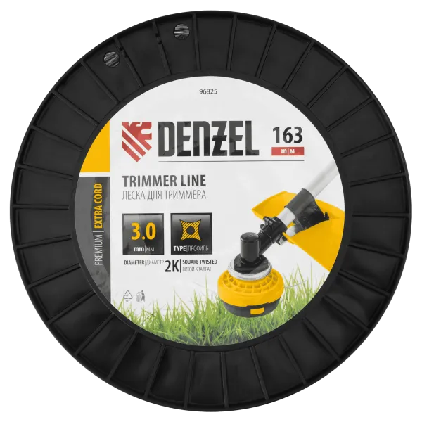 Леска для триммера DENZEL двухкомпонентная витой квадрат, 3,0мм х 163м, на DIN катушке EXTRA CORD