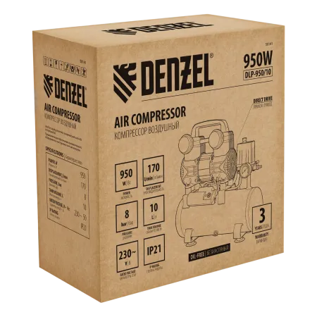 Компрессор безмасл. малошумный DENZEL DLP-950/10, 950Вт,10 л, 2850 об/мин, 170 л/мин