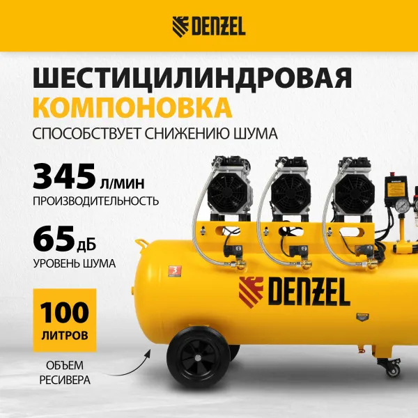 Компрессор безмасляный, малошумный DENZEL DLS 1800/100,1800 Вт, 3x600, 100 л, 345 л/мин