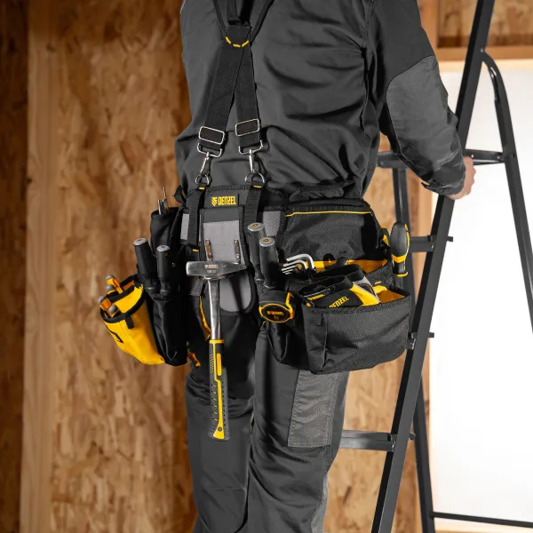 Пояс монтажника усиленный DENZEL с лямками, сумки поясные, держатель для молотка